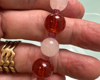 Pink quartz and vintage amber bead bracelet