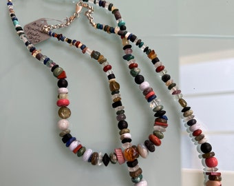 Multigemstone bead necklace with over 10 types of gemstones, sterling chain clasp