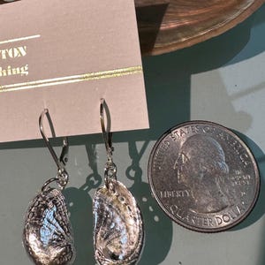 May include: Silver-tone dangle earrings with an iridescent, textured oval design. The earrings are displayed next to a U.S. quarter for size comparison. The earrings have a lever back closure and are on a light brown card.