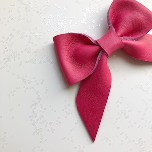 Hot Pink leather bow, soft nylon headband or clip, original and petite size, fits newborn to adult. Different styles in listing