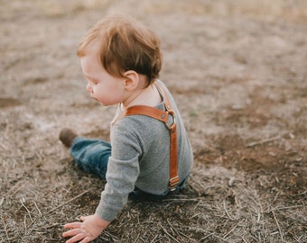 Saddle brown LēLē O Leather Suspenders, boy or girl suspenders, genuine leather