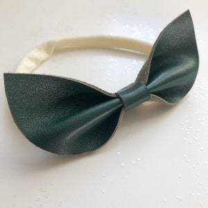 Evergreen leather bow, soft nylon headband or clip, original and petite size, fits newborn to adult. Different styles in listing
