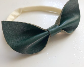 Evergreen leather bow, soft nylon headband or clip, original and petite size, fits newborn to adult. Different styles in listing