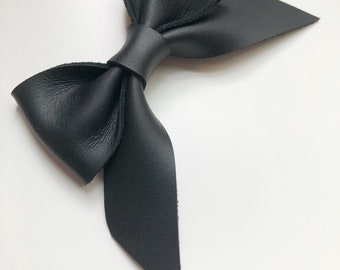 Charcoal Black leather bow, one size fits most, newborn to adult, headband or clip