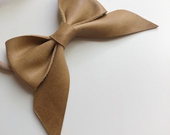 Camel Brown leather bow, one size fits most, newborn to adult, headband or clip