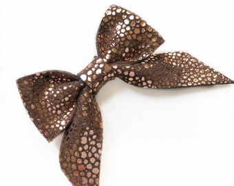 Brown "Copper Penny" genuine leather bow, nylon headband or clip, Choose bow style in listing, newborn to adult