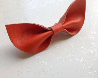 Bright Orange leather bow, soft nylon headband or clip, original and petite size, fits newborn to adult. Different styles in listing