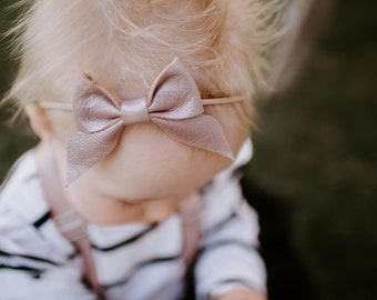 Rosewood Pink Leather bow, one size fits most, newborn to adult, headband or clip