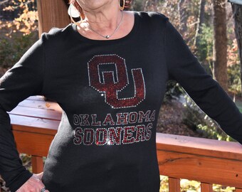 Oklahoma Sooners rhinestone Bling Shirt XS S M L XL XXL 1X 2X 3X 4X 5X Helmet