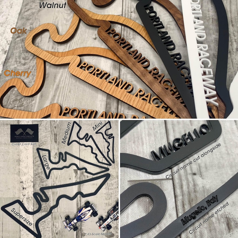 May include: Wooden track layouts in walnut, oak, and cherry. Black, white, and gray track name signs with "PORTLAND RACEWAY" and "MUGIELLO" text. Circuit size options include "Supersize", "Large", "Medium", and "Mini".