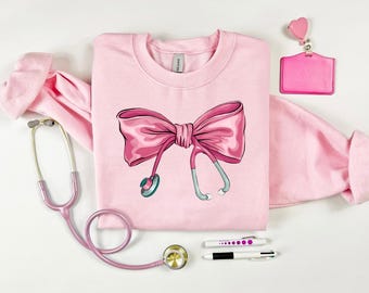 Pink bow with stethoscope sweatshirt, Coquette bow for nurses, Respiratory Therapist bow, Healthcare sweatshirts