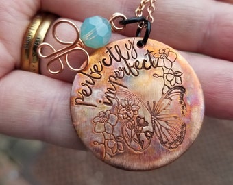 Perfectly imperfect hand stamped flame painted butterfly necklace