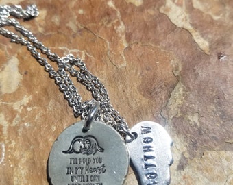 Hand stamped pewter coin necklace with personalized angel wing