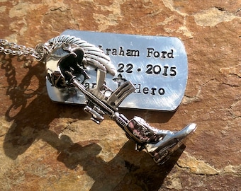 Battle cross helmet rifle boots hand stamped dog tag and urn military loss memorial