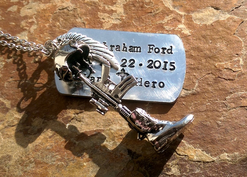 Battle Cross Helmet Rifle Boots Hand Stamped Dog Tag and Urn Military