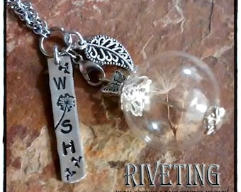Make Wishes hand stamped necklace with dandelion fluff