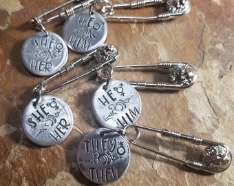 LGBTQ lion safety pin with hand stamped disc pronouns he him she her they them straight transgender non binary
