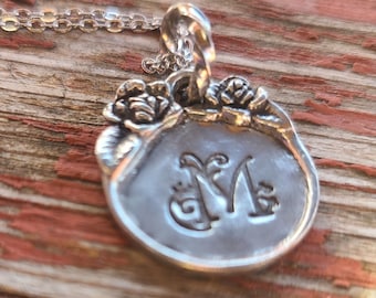 Hand stamped pewter initial charm necklace mom gift mother's day aunt grandma