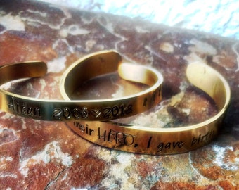 Some people never meet their HERO, I gave birth to MINE hand stamped dual bangle bracelet Childhood cancer gold stainless steel custom