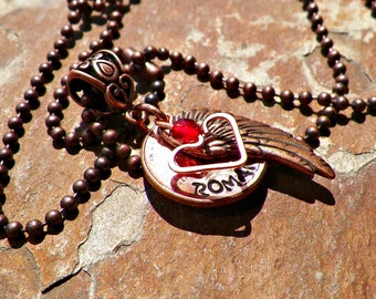 Hand stamped penny with heart around year  Angel Wing  Birthstone  Tierra Cast