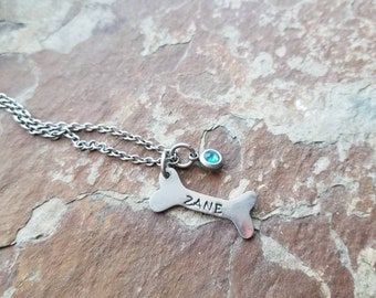 Stainless steel dog bone name necklace with birthday gotcha day or rescue day charm