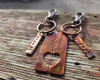 Copper heart double key chain custom wedding anniversary his hers bride groom flame painted copper