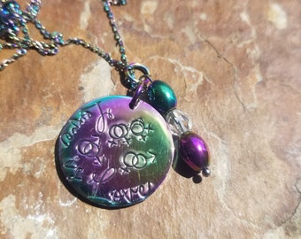 Love is Love hand stamped rainbow stainless steel necklace