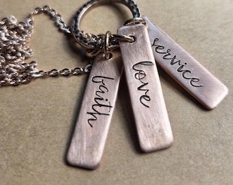 Faith Love Service necklace Christian LDS Copper hand stamped religious jewelry