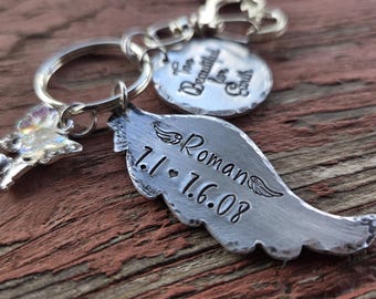 Hand stamped angel wing key chain Too Beautiful for Earth
