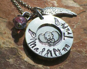 Hand stamped babe in angel wings dual layer pendant necklace ~ Memorial ~ Gift ~ Loss ~ Grief