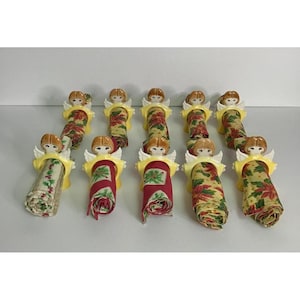 Vintage Christmas Angel Ceramic Napkin Rings & Cloth Napkin 10 Kitschy Holiday image 1