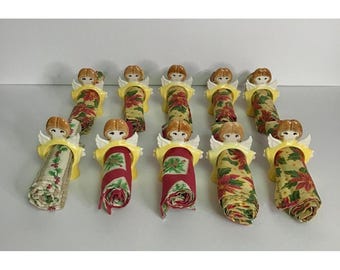 Vintage Christmas Angel Ceramic Napkin Rings & Cloth Napkin 10 Kitschy Holiday