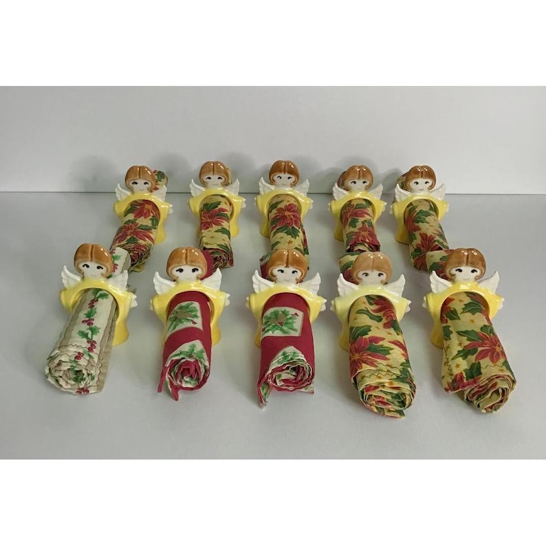 Vintage Christmas Angel Ceramic Napkin Rings & Cloth Napkin 10 Kitschy Holiday image 1