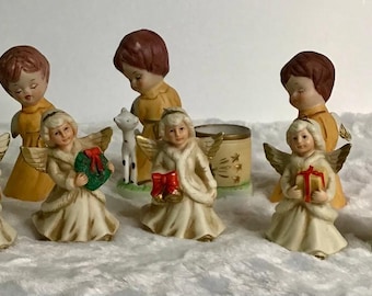 Vtg 1978 Jasco Angel Wishing Bells Fine Bisque Porcelain + Five Porcelain Angels
