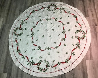 68" Vintage Round Damask Holly & Ribbon Christmas Tablecloth - Vintage Holiday