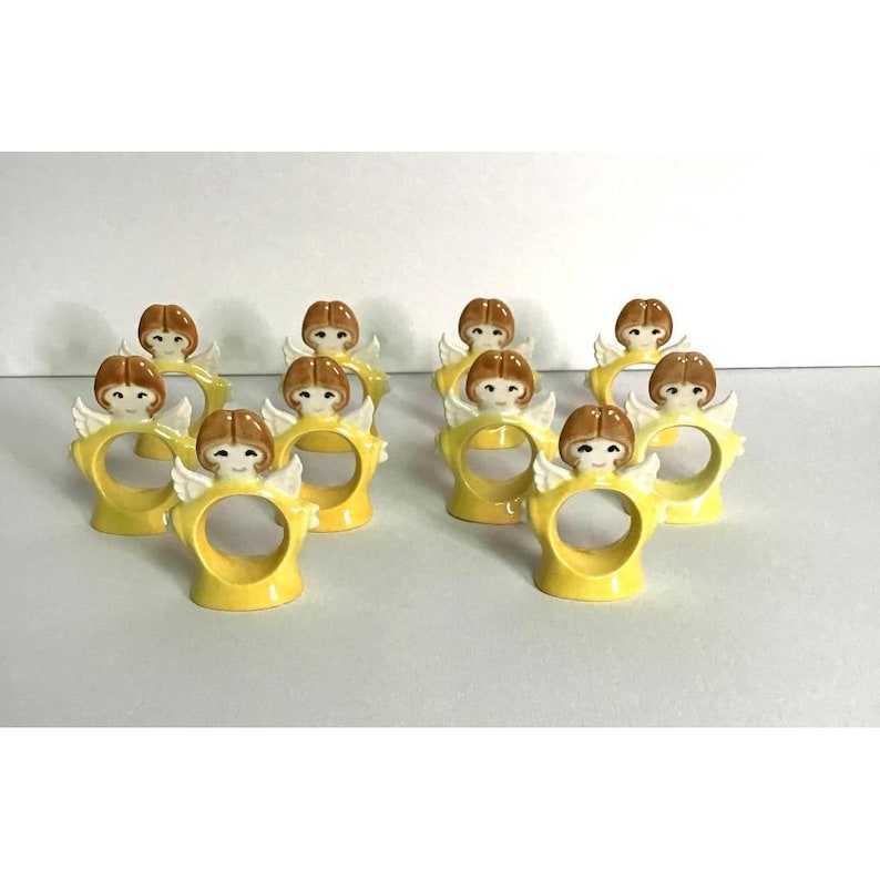 Vintage Christmas Angel Ceramic Napkin Rings & Cloth Napkin 10 Kitschy Holiday image 6