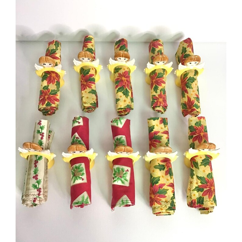 Vintage Christmas Angel Ceramic Napkin Rings & Cloth Napkin 10 Kitschy Holiday image 3