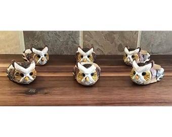 Hand Carved Wood Owl Napkin Rings Set of 6 Rustic Cabin Cottagecore Boho Indie