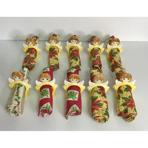 Vintage Christmas Angel Ceramic Napkin Rings & Cloth Napkin 10 Kitschy Holiday image 2