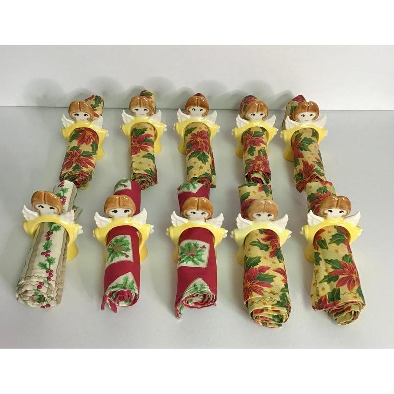 Vintage Christmas Angel Ceramic Napkin Rings & Cloth Napkin 10 Kitschy Holiday image 2