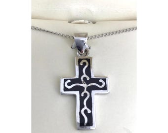 Tru-Kay Sterling Silver Black Enamel Tribal Swirl Cross Necklace Religious Y2K