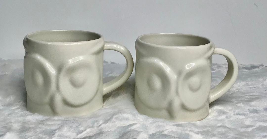 Pottery Barn Owl Mugs - 16 oz. - 3D Owl Image - Two Stoneware Mugs (2) Total