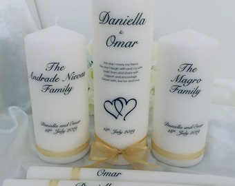Wedding Unity Candles - Set of 5, Wedding Day, Bride & Groom, Personalised Candles, Unity Candles, Family Candles, White Wedding Candle