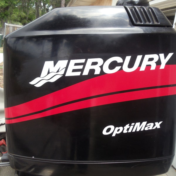 MERCURY Boat Motor Cowl DECAL SET in Red + "Your Choice of Horse Power Rating + Options" Optimax