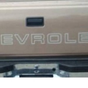 Puede incluir: Portón trasero beige de camioneta con la palabra "CHEVROLET" en blanco. La camioneta tiene un parachoques negro y luces traseras rojas. La manija del portón trasero es negra.