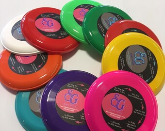 Multi colored Frisbee with 5 inch custom sticker, 10 pack