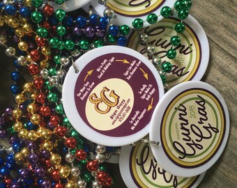Mardi Gras Beads With Custom Sticker on a White Plastic Medallion, Multi  Colored Mardi Gras Beads Packs of 12 