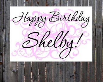Happy Birthday Banner, Party Banner, Pink Squigle Personalised Banner.