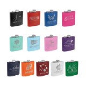 May include: A collection of twelve stainless steel flasks in various colors, each with a different design. Colors include black, red, blue, pink, teal, light blue, purple, orange, white, and green. Each flask is approximately 4 inches tall.