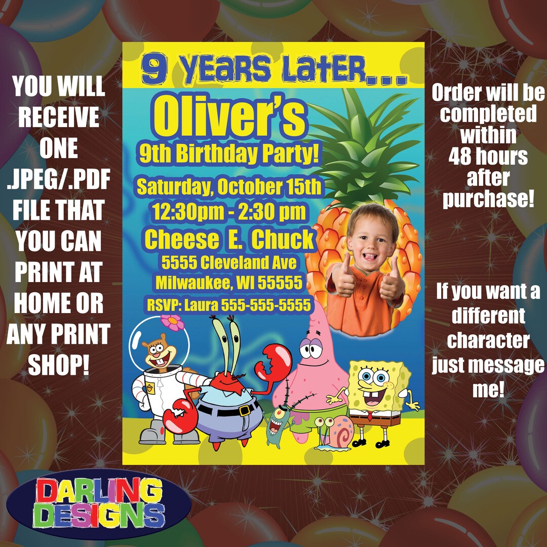 Spongebob Squarepants Birthday Invite High Quality 300 DPI You Print - Etsy
